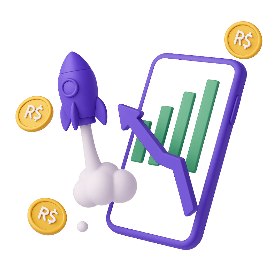 Ilustração 3D de gráfico de crescimento, foguete e moedas, simbolizando o aumento de resultados com tráfego pago em Google Ads e Facebook Ads.